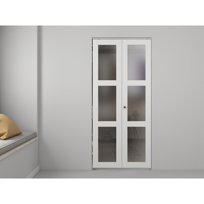 Porte pliante à 3 panneaux en verre givré blanc uni 30 po x 80 po avec quincaillerie et poignée de porte, 30" x 80", White