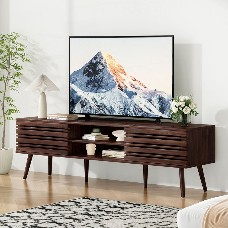 Mid Century Storage TV Stand For Tvs Up To 70", Dark Brown Wood