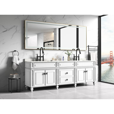 118" X 36" Led Vanity Mirror With Aluminum Frame, Wall Mounted, Fog, Memory, 3 Color Temperatures, Stepless Dimming, Brushed Gold Finish Bathroom Options, Clear Undistorted Reflection,