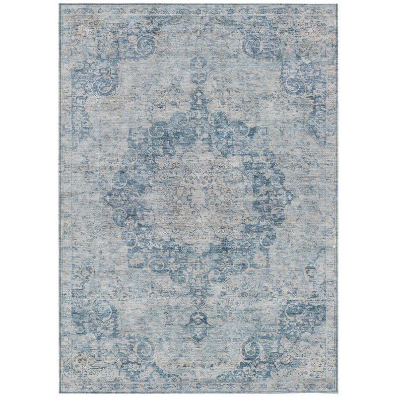 3' X 5' Blue Floral Medallion Washable Indoor Outdoor Area Rug