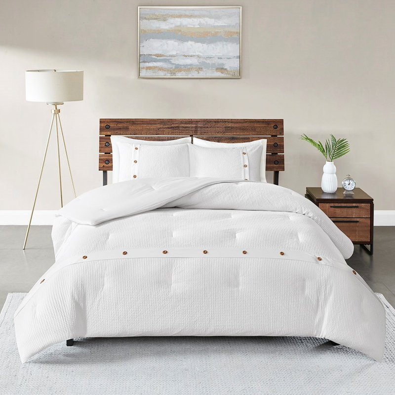 Édredon très grand / très grand 100% coton - tissage gaufré, lavable à la machine, boutons décoratifs, style contemporain pour chambre à coucher, lit tissé 3 pièces, boutons charmants, literie,