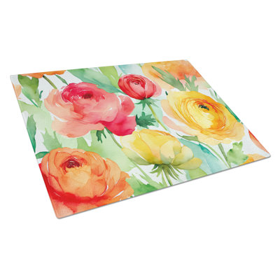 Ranunculus in Watercolor Glass Cutting Board Large