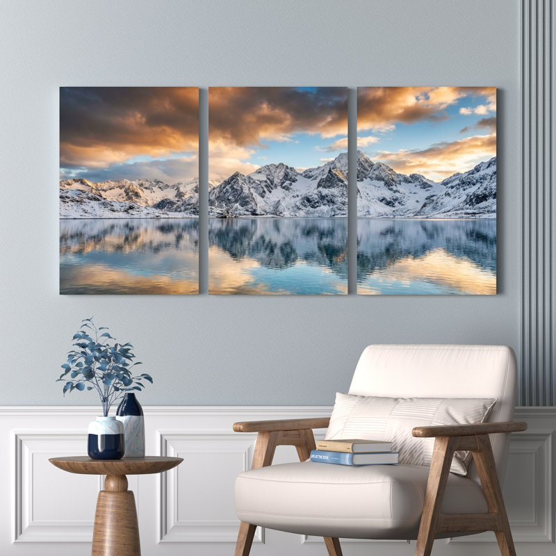«Mountain Lake Reflection Landscape», ensemble de 3 reproductions d'art sur toile tendues, H 24 po x l 48 po