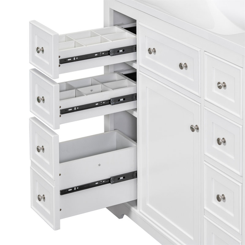 Meuble-lavabo simple blanc 36 po, sans lavabo, base d'armoire seulement, comptoir et éclaboussures en quartz blanc pur Edge, 1 porte à fermeture douce, 9 tiroirs à queue d'aronde pleine extension, nickel brossé