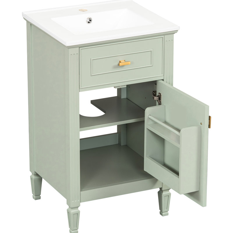 Meuble-lavabo de 20 po avec lavabo, tablette réglable, tiroir inclinable et bois d'hévéa pour les petits espaces de vie