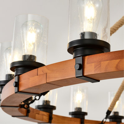 18-Light Rustic Wagon Wheel Chandelier,59"Wooden Pendant Light with Seeded Glass Shade,Industrial Chandeliers for Dining Room Kitchen lsland Foyer (Solid One-Piece Wood Frame Design)-NO INCLUDED BULBS