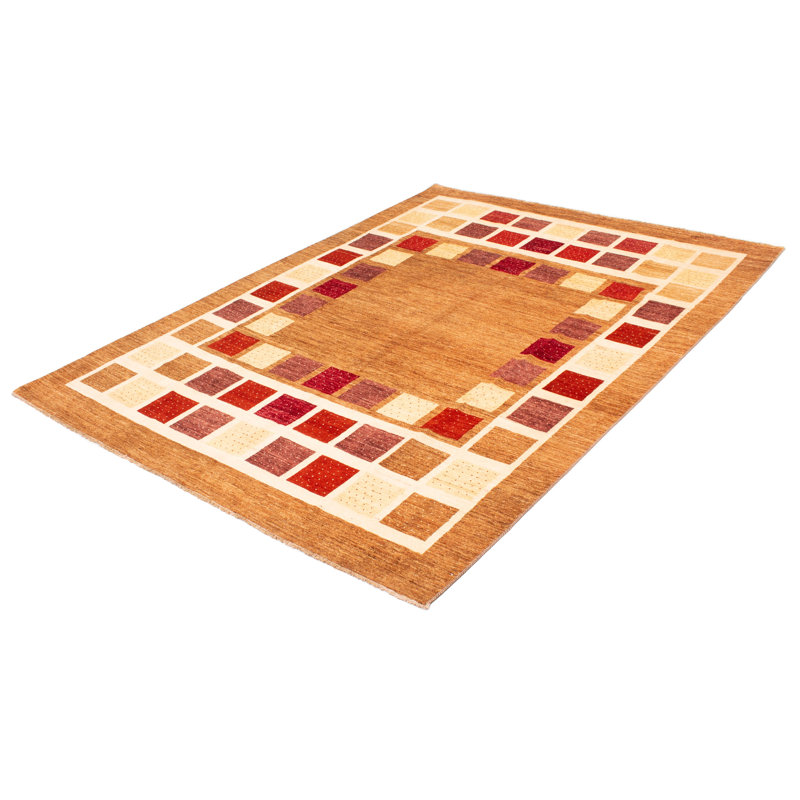 Tapis unique en laine noué à la main 9 pi 1 po x 12 pi 6 po nouvel âge Leriah brun clair / beige / rouge