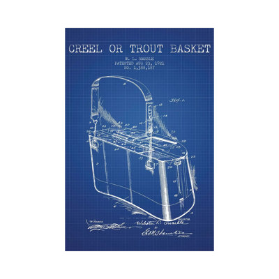 W.L. Marble Trout Basket Patent Sketch (Blue Grid) 1 Piece Wrapped Canvas Wall Art