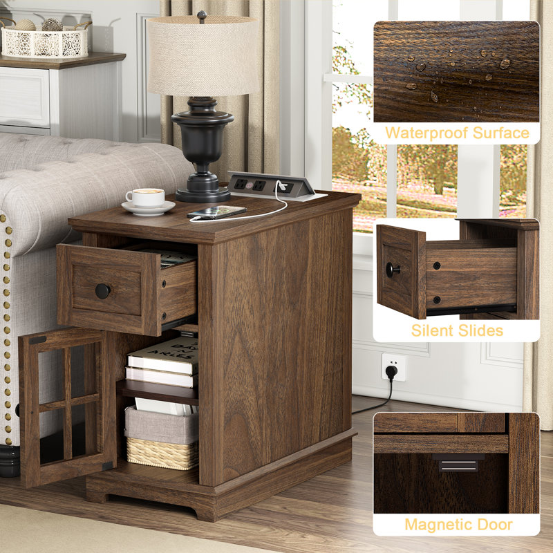 Dark Walnut Rectangular End Table Set with Storage and Charging Station