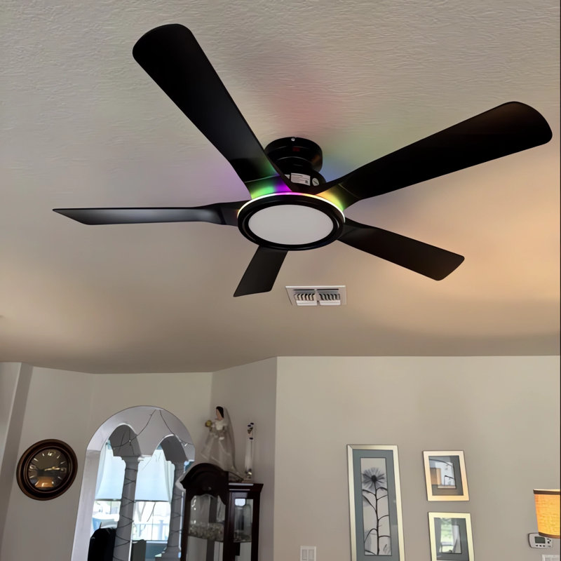 52" Black Low Profile Flush Mount Ceiling Fan With RGB Ring Light, Black with Black Blades