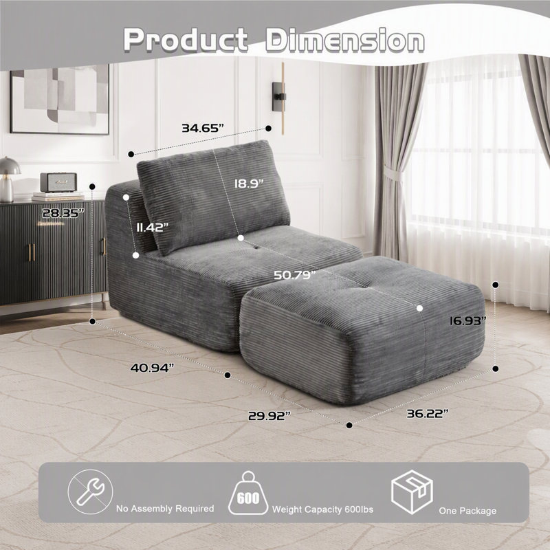 Chaise longue moderne en velours côtelé et mousse à mémoire de forme, sans assemblage, gris, L 69,68 po, Velours côtelé gris