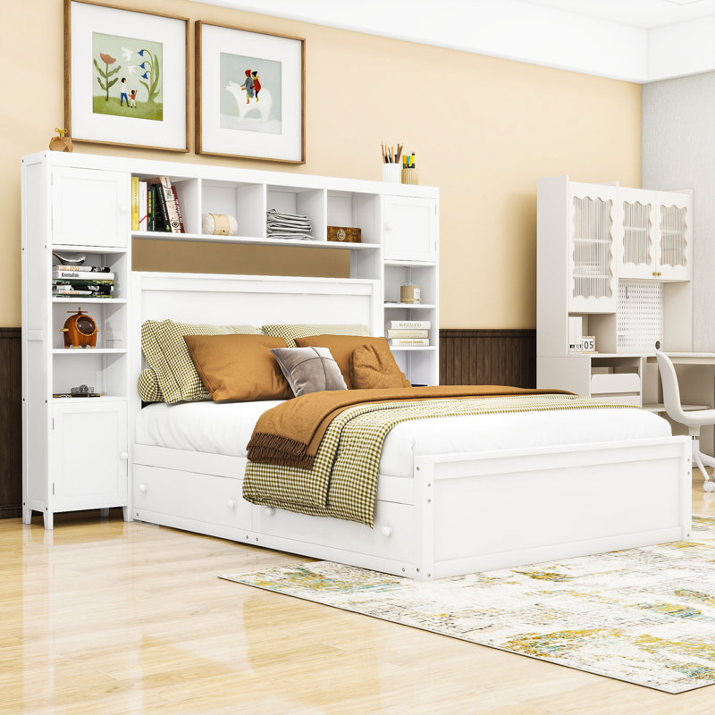 Lit plateforme en bois avec prises intégrées et amplement de rangement, Double, Blanc