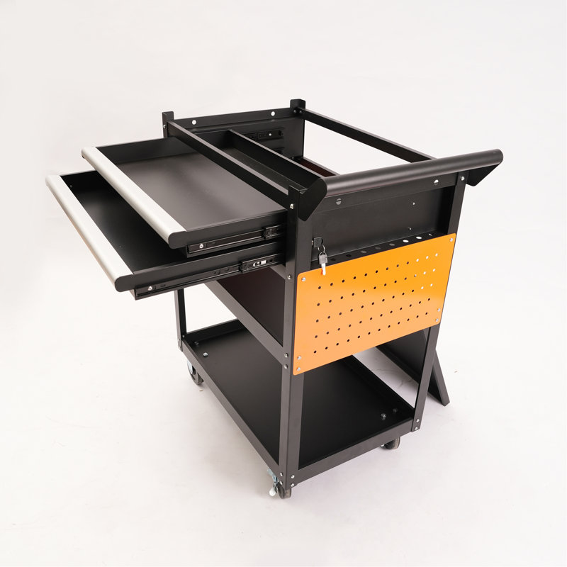 Chariot à outils roulant robuste avec 2 tiroirs, armoire de rangement utilitaire en acier à 5 niveaux, coffre à outils mobile avec roues verrouillables pour garage ou atelier, noir et orange