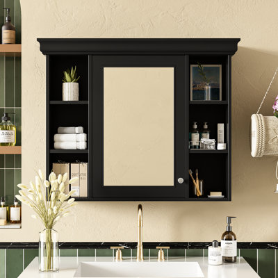 Armoire à pharmacie murale noire de 90,2 cm x 17,7 cm x 71,5 cm, idéale pour la salle de bain. Grand espace de rangement, charnières de porte réglables à fermeture douce, tablette en hauteur, style champêtre, avec miroir.