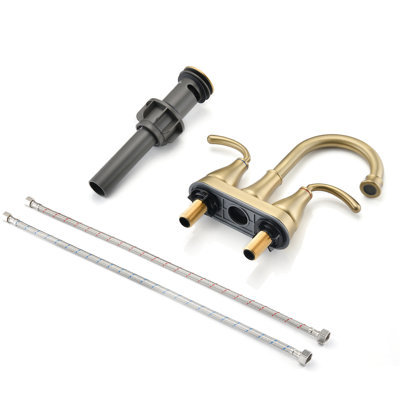 2 Bathroom Sink Faucet With Pop-Up Drain In Brushed Golden - Aerated Flow For Better Water Management, High Spout, 360 Degree Swivel Nozzle, Zinc Construction Drain, Soft Spray, Alloy