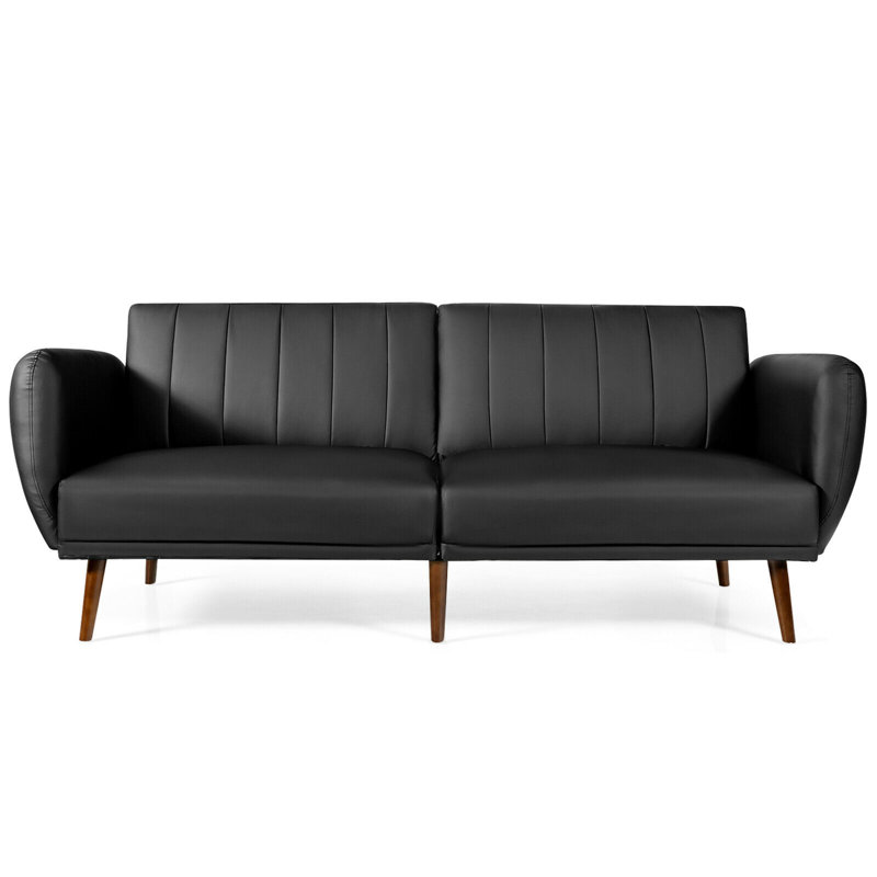 Caiya 81'' Faux Leather Convertible Sofa, Black Faux Leather