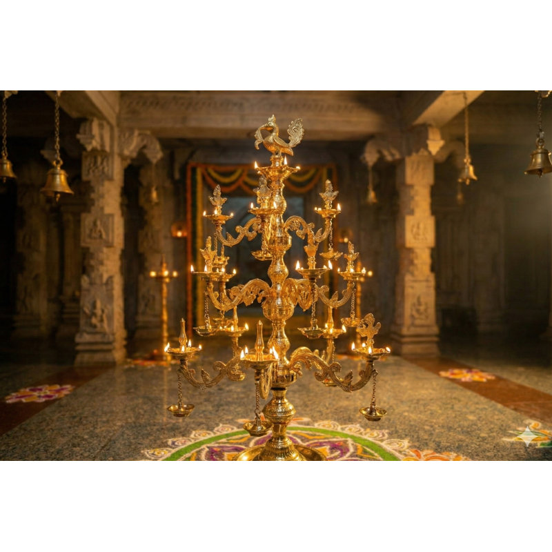 57-Inch Handcrafted Ganesha Tree Brass Floor Lamp, Large Sculptural Indian Diya for Statement Lighting