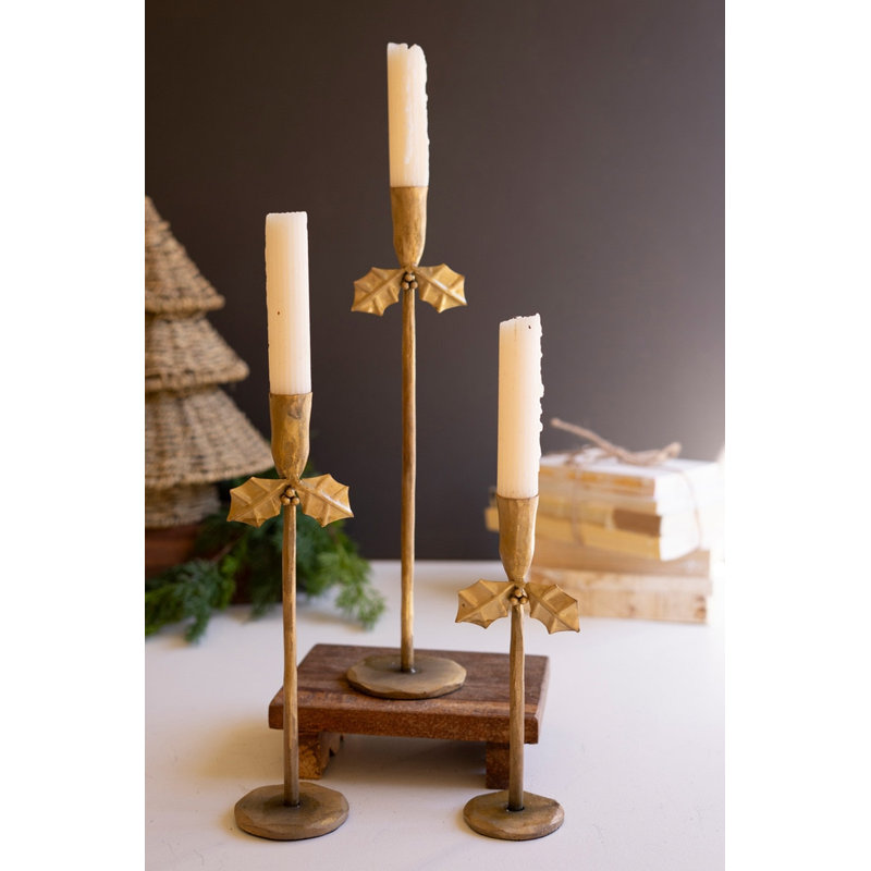  Holiday Iron Holly Candle Holders Decorative Set of 3, 15.75" H