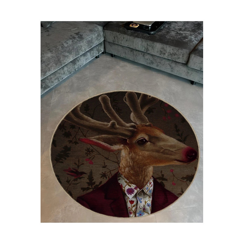 Abstract Themed Suit Deer Patterned Round Woven Base Modern Decorative Carpet, Round 2'8"