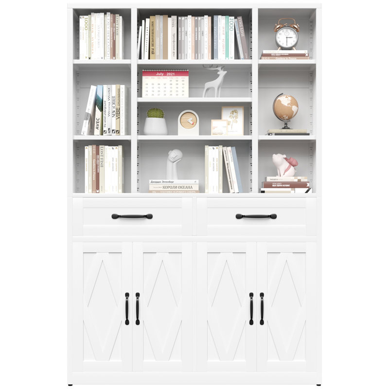 Bibliothèque avec portes, tiroirs et tablettes ouvertes réglables