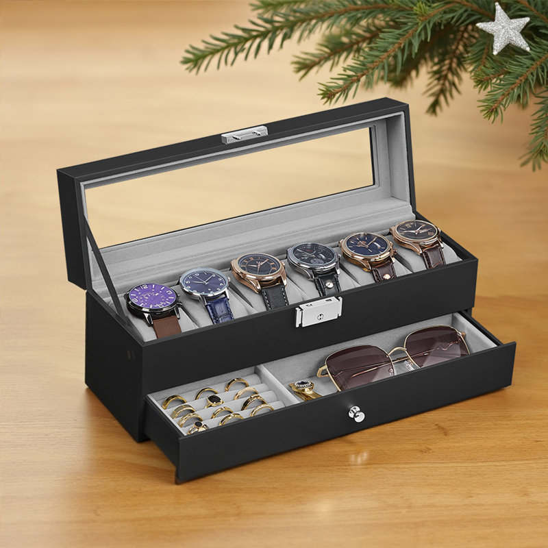 Boîte à montre à 6 emplacements, boîtier de montre verrouillable avec couvercle en verre, 2 couches, avec 1 tiroir pour anneaux, bracelets, idée cadeau