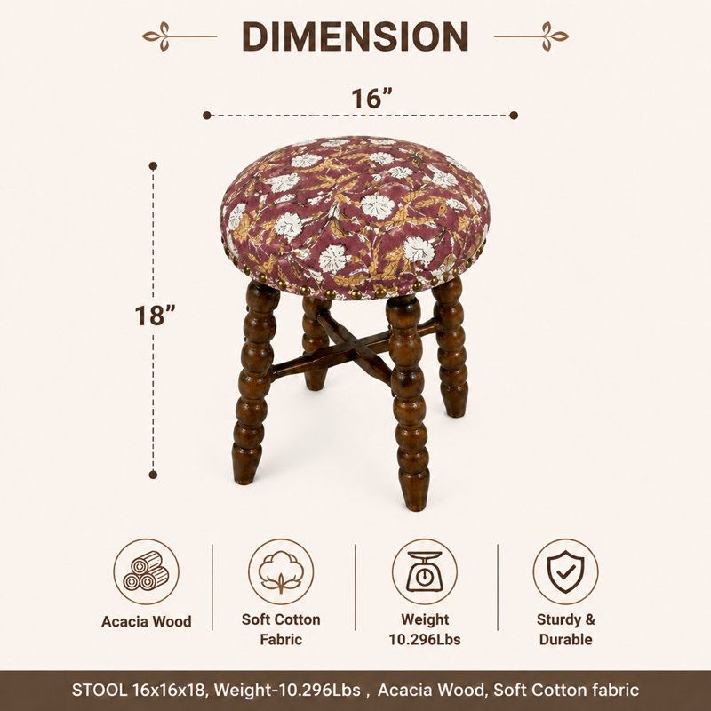 Tabouret de bar rembourré avec structure en bois d'acacia massif, Red Floral, Short Stool (18” Seat Height)