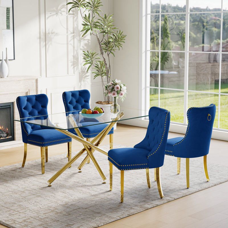 7-Piece Modern Dining Set – Rectangular Glass Table With Mirrored Metal Base & 6 Velvet Upholstered Chairs, Gold/Blue, Gold