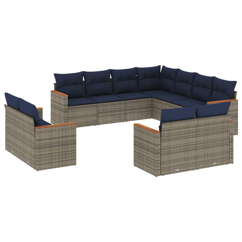  Ensemble de canapé de patio 11 pièces avec coussins en rotin de polyester gris, Coussin bleu marine / structure grise