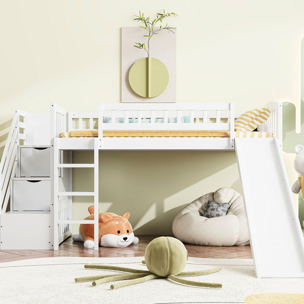 Latitude Run® Grey Twin Stairway Loft Bed With Two Drawers And Slide ...
