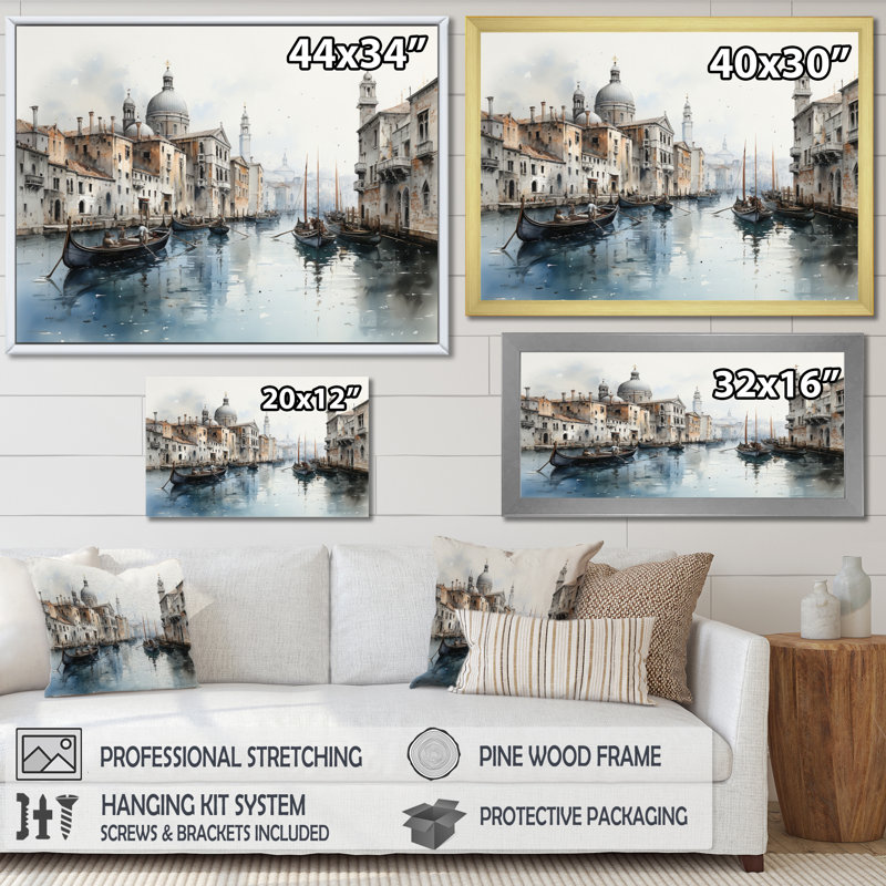 "Blue Canal Urban Venice Charcoal", reproduction sur toile, H 34 po x l 44 po x P 1,5 po, Cadre flottant doré