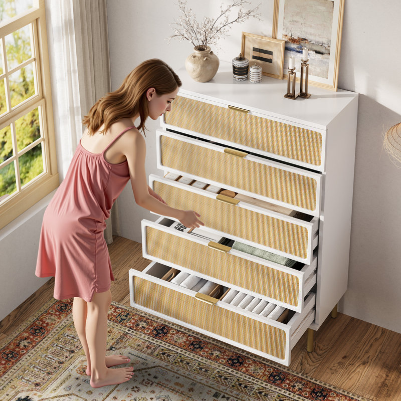 36.2" W 5-Drawer Solid and Manufactured Wood Chest with Rattan
