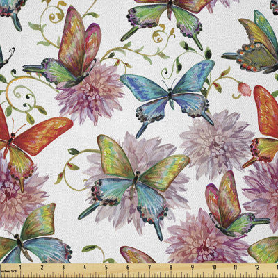 Daiyaan Flying Butterflies with Floral Elements Wildflowers Retro Fabric