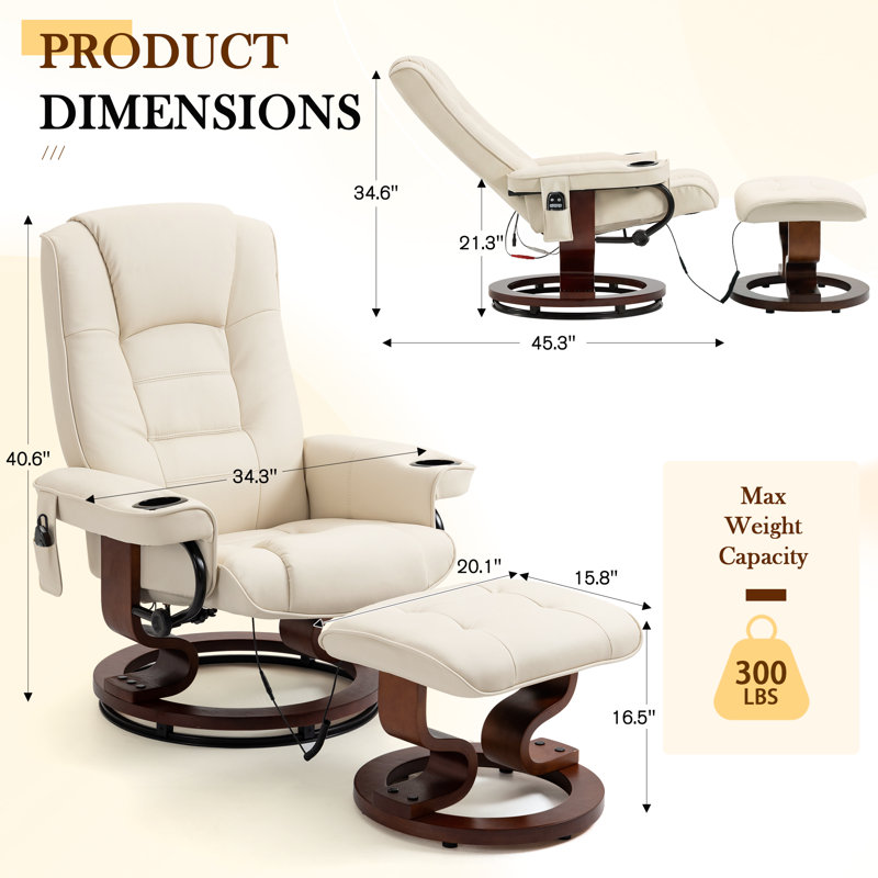 Fauteuil inclinable de massage en cuir chauffant avec repose-pieds, Beige