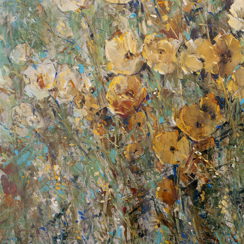 «Amber Poppy Field I», peinture sur toile, H 36 po x l 36 po, Toile tendue