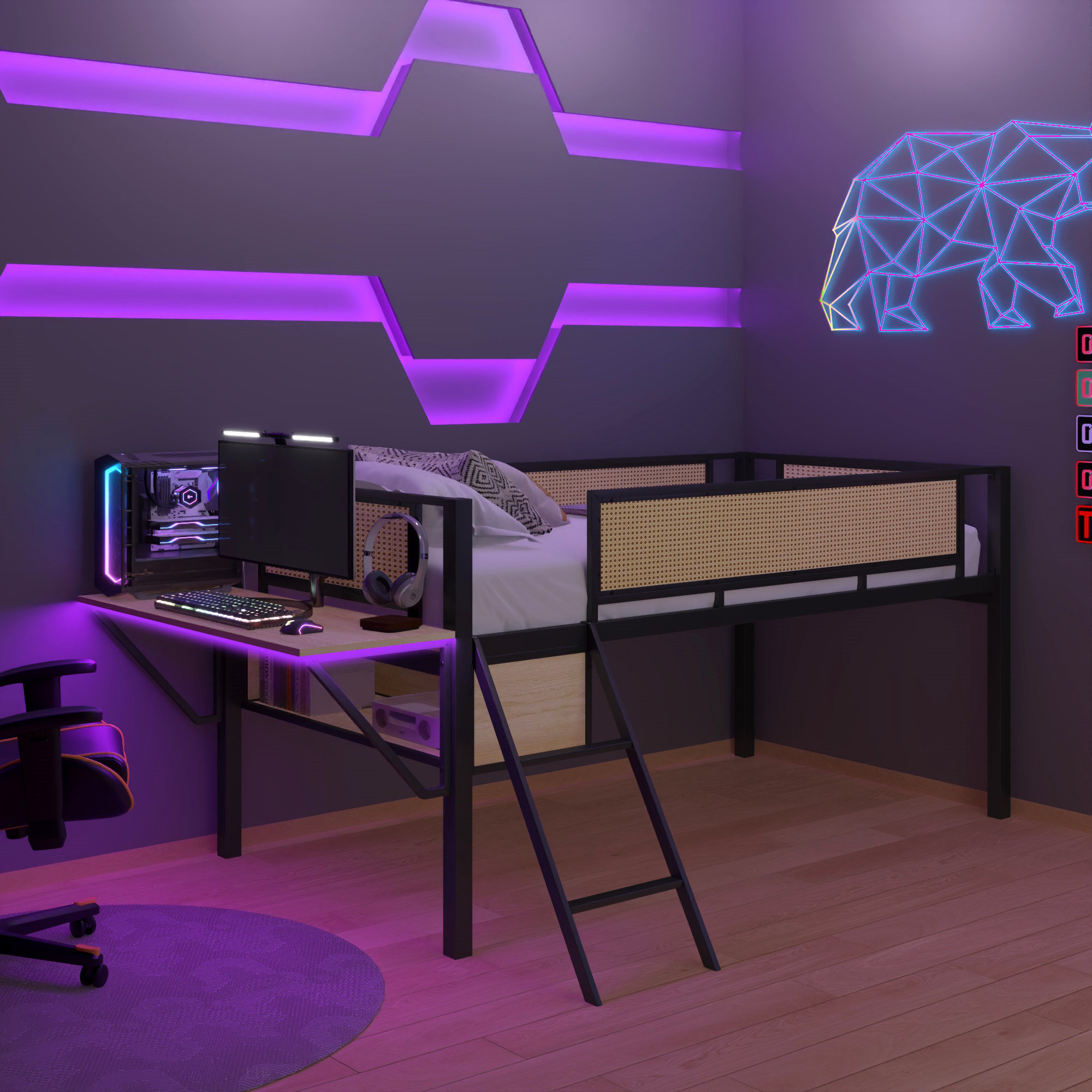 Sunside Sails Single Metal Loft Bed With Rectangular Desk, LED Lights ...