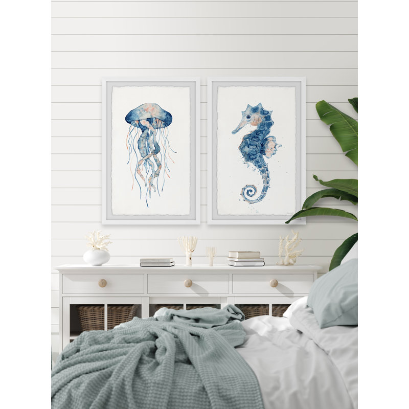 Jellyfish And Seahorse by Marmont Hill - 2 Piece Single Picture Frame Painting Set, 30cm H x 20cm W x 3.81cm D