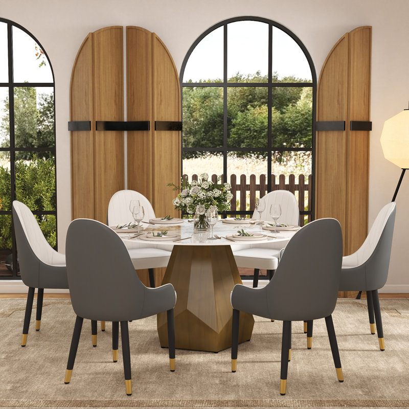 7 - Piece Stone Top Pedestal Dining Set, 29.53"H x 53.15"L x 53.15"W, Pandora