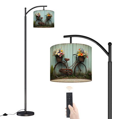 Arc Floor Lamp with Adjustable Lampshade Vintage Bicycle Flower Baskets Pastel Blue Wooden Rustic Garden Standing Lamp 3 Color Temperatures Dimmable Tall Pole Lamp with Foot Switch for Bedroom
