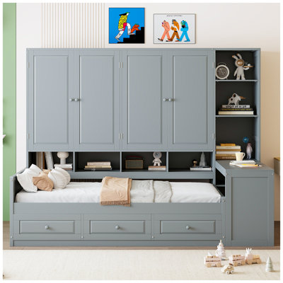 Modern Wooden Daybed With Three Drawers, and All-in-One Cabinet, Desk and Shelves