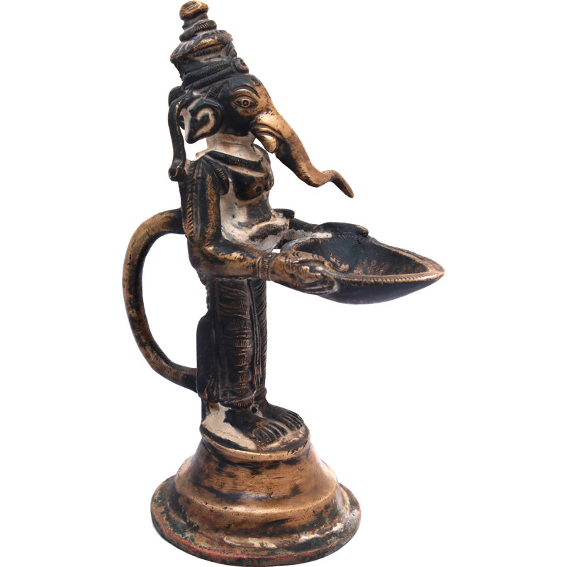 5" Handmade Brass Ganesha Oil Lamp Auspicious Standing Figure Indian Home Decor Lighting, Super Antique