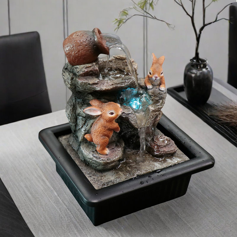9.84-Inch Resin Bunny Waterfall Fountain with LED Light – Indoor Desktop Decor for Home & Office
