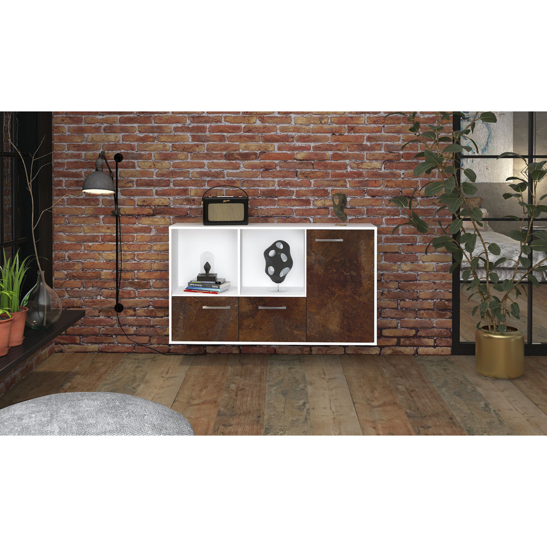 Sideboard Amalthea, Farbe: Pinie/Weiß, Fliegend/Metallgriffe, Größe: 136x79x35 cm