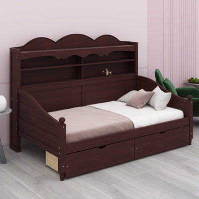 Lit de jour d'inspiration rétro avec tiroirs et tablettes sous le lit - Design classique pour chambre à coucher ou salon