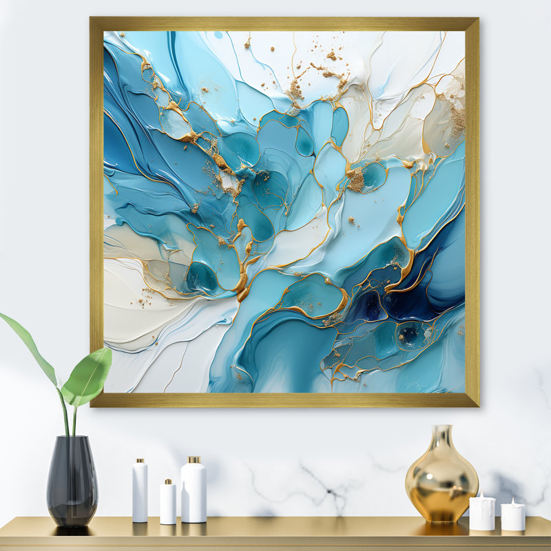 Bleu et blanc, charme de glacier - formes abstraites, art mural, Cadre doré simple, H 30 po x l 30 po x P 1 po