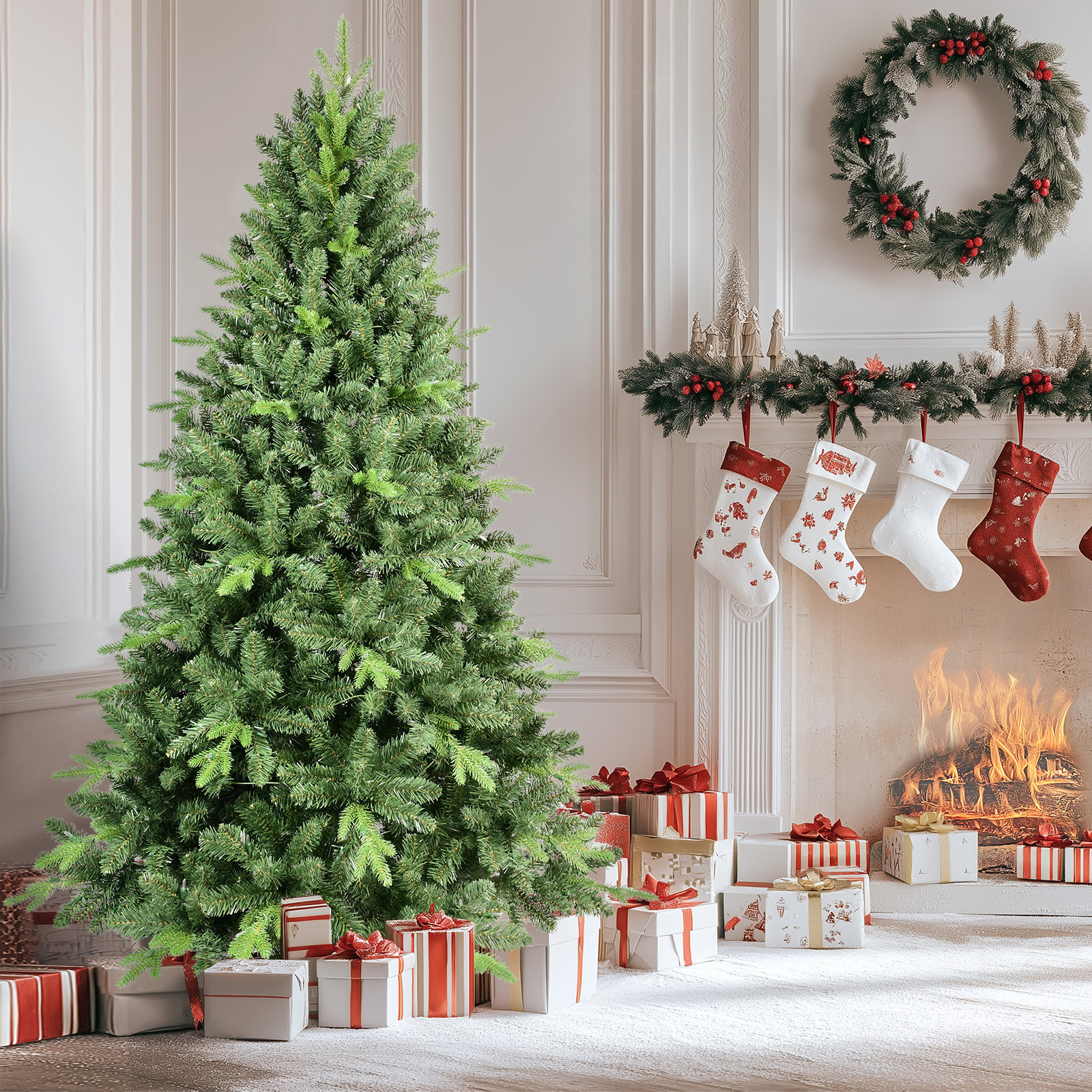Unlit Artificial Christmas Tree with PVC/PE Mixed Branch Tips & Foldable metal base, 7'