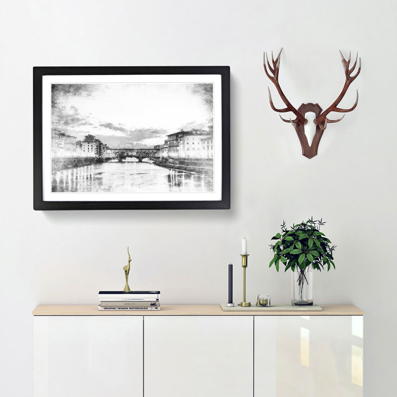 Ponte Vecchio Bridge In Florence Italy - Single Picture Frame Painting on MDF, 62cm H x 87cm W x 2cm D, Black Framed