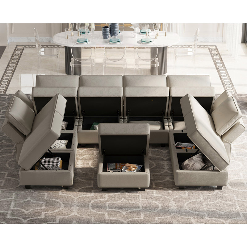 Wylodene 116.6'' Variable Module Velvet Sofa Bed Sectional U Shape Couch with Storage Seat Ottoman, Gray Velvet