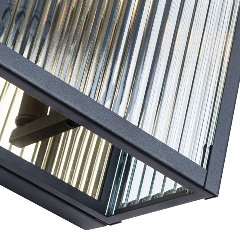 2 - Light 18''H Black Iron Ribbed Glass Outdoor Wall Light with Dusk to Dawn