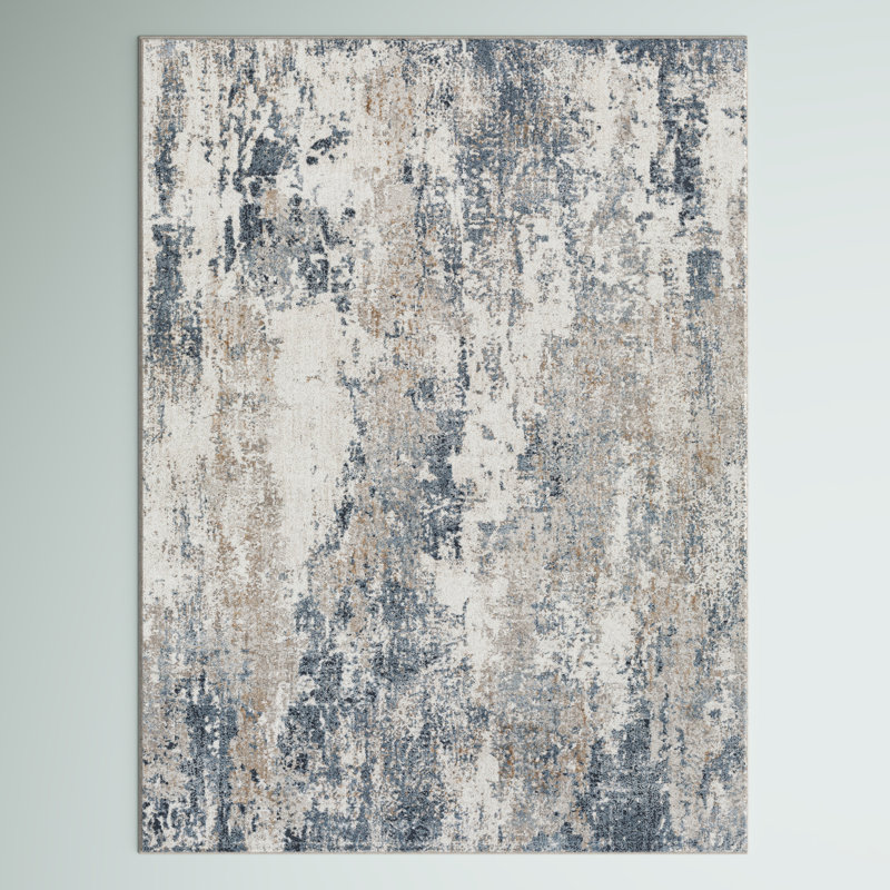 Tapis bleu / gris / ivoire à motif abstrait Lemaire, Rectangle 9 pi 2 po x 12 pi