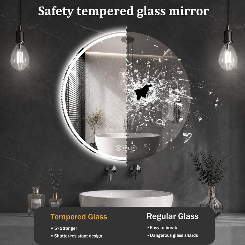 Miroir rond pour salle de bain à DEL, 26 po, verre trempé incassable HD